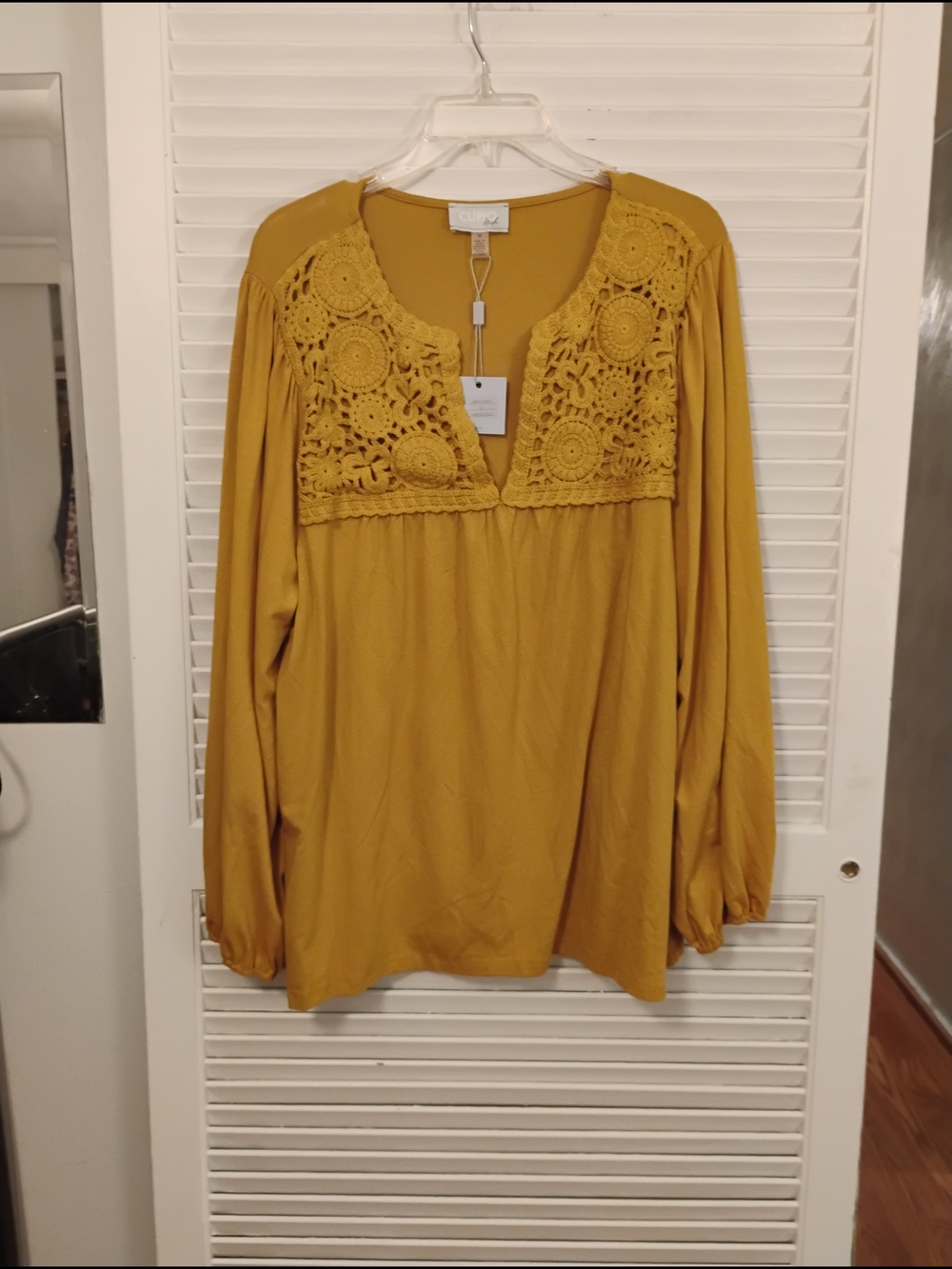 Cupio Mustard Crochet Yoke Long Sleeve Blouse View 2